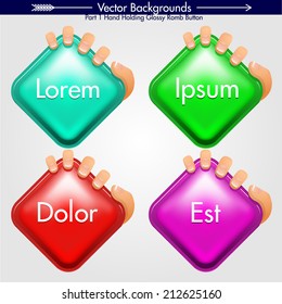 Hand grabbing Romb Shape With Round Corners. Vector Design Element. Glossy Background