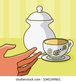 Hand grabbing a tea with sugar