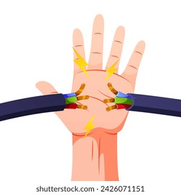 Die Hand greift den freiliegenden elektrischen Drahtvektor isoliert.