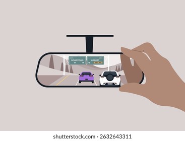 A hand grabs the rearview mirror, showing a stylish purple car next to a sleek white one, with signs directing to the airport and downtown, hinting at adventure ahead