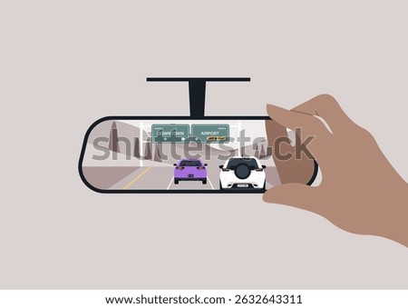 A hand grabs the rearview mirror, showing a stylish purple car next to a sleek white one, with signs directing to the airport and downtown, hinting at adventure ahead