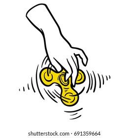 Hand gracefully holding popular fidget spinner toy, stress relief. Sketch style vector illustration