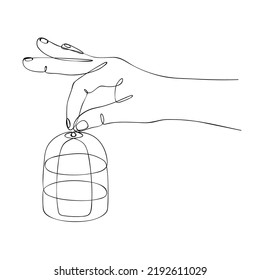 Hand gracefully holds an empty bird cage. One continuous line drawing. Concept of freedom, leaving comfort zone, liberation from restraining restrictions. An outside perspective on existing problems