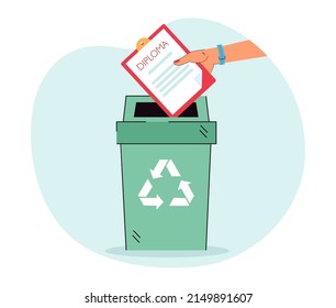 Hand of graduate throwing diploma into trash container. Unemployed person holding graduation certificate flat vector illustration. Unemployment concept for banner, website design or landing web page