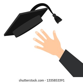 hand with graduation hat on white, stock vector illustration