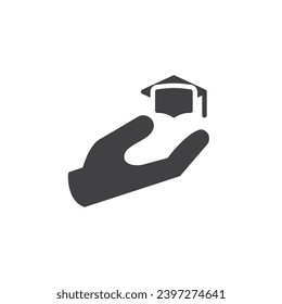 Hand and graduation hat vector icon. filled flat sign for mobile concept and web design. Education, Learning glyph icon. Knowledge symbol, logo illustration. Vector graphics