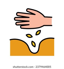 Hand and grains in soil color icon, farm garden concept. Sowing seeds sign on white background. Hand planting seeds in ground icon for mobile web design. Vector flat graphics.