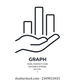 Hand with graph chart editable stroke outline icon isolated on white background flat vector illustration. Pixel perfect. 64 x 64.