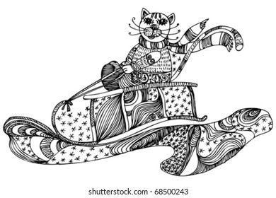 hand graphic of cat on the sledge, vector