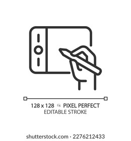 Hand with graphic tablet pixel perfect linear icon. Designer instrument. Digital device for artworks creation. Thin line illustration. Contour symbol. Vector outline drawing. Editable stroke