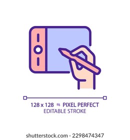 Hand with graphic tablet pixel perfect RGB color icon. Designer instrument. Digital device for artworks creation. Isolated vector illustration. Simple filled line drawing. Editable stroke