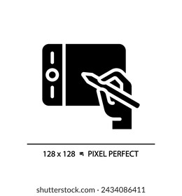 Mano con gráfico tableta pixel icono de glifo negro perfecto. Instrumento de diseño. Dispositivo digital para la creación de obras. Símbolo de silueta en espacio blanco. Pictograma sólido. Ilustración aislada del vector