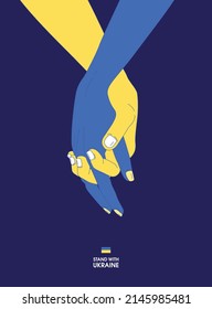 Hand in hand graphics in Ukraine flag colours with text and Ukrainian coat of arms on a blue background. Concept of resistance. Stop Russia's war against Ukraine. Creative poster. Stand with Ukraine