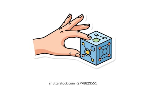 A hand grasping a blue puzzle box
