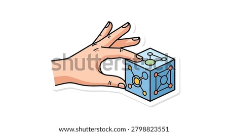 A hand grasping a blue puzzle box