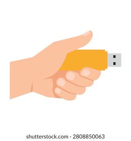A hand grasping a bright yellow USB flash drive on a plain white background, symbolizing data storage and technology