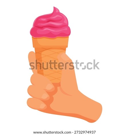 Hand grasping a crispy waffle cone filled with swirling pink ice cream, a perfect treat for a hot summer day
