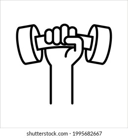 Hand grasping dumbbell vector illustration, fitness logo template on white background. color editable
