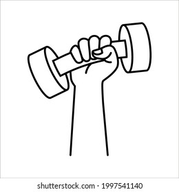 Hand grasping dumbbell vector illustration, fitness logo template on white background. color editable