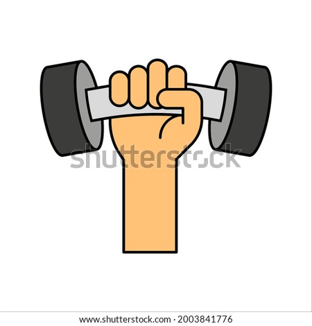 Hand grasping dumbbell vector illustration, fitness logo template on white background. color editable