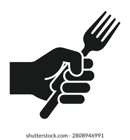 A hand grasping a fork, ready to eat, symbolizing dining and food preparation.