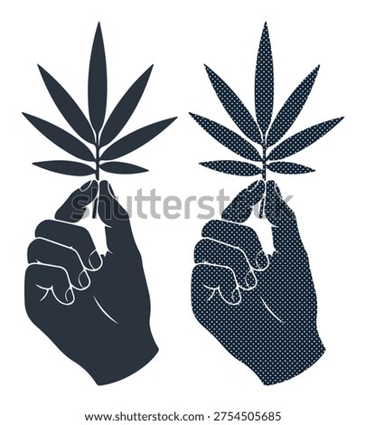 Hand grasping hemp leaf, botanical vector silhouette, natural herbal concept design
