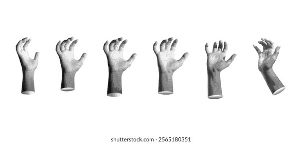 Hand grasping or holding with fingers bent and curved. Retro, vintage grayscale design with halftone and dotted texture, grip or capture action. Vector illustration isolated on