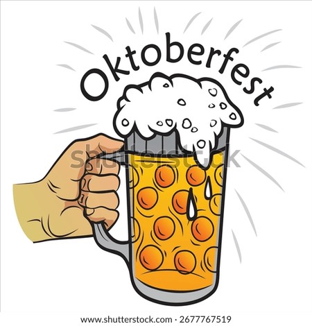 Hand grasping a large beer stein overflowing with foam, celebrating oktoberfest.