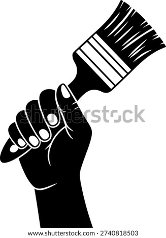 Hand grasping a large paintbrush in a bold black and white illustration representing creativity and artistic skill.