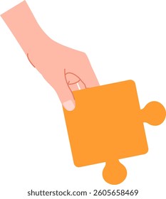 A hand grasping a large puzzle piece in a minimalist style. Fingers delicately clutch the interlocking component with simplicity. Cartoon vector illustration