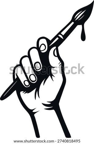 Hand grasping a paintbrush with dripping paint symbolizing artistic creativity and expression in a minimalist black and white illustration.