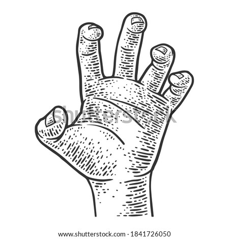 hand grasping sketch engraving vector illustration. T-shirt apparel print design. Scratch board imitation. Black and white hand drawn image.