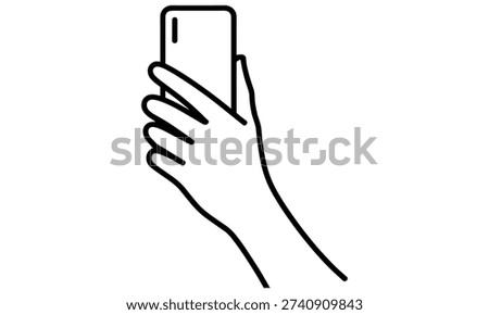 Hand grasping a smartphone depicted in a simple modern line art style, symbolizing mobile technology and communication, with clean lines and minimalistic design elements.