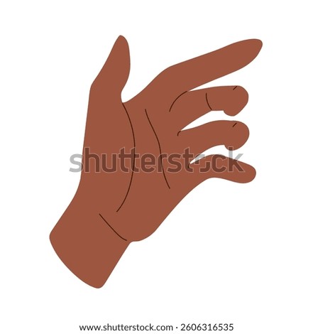 Hand grasping unseen, open position. African American woman in action pose, capturing invisible item, grip, and expression. Product, gesture, body language, in flat vector illustration, isolated on