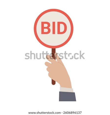 A hand grasps a circular sign with BID, indicating active participation in an exciting auction event