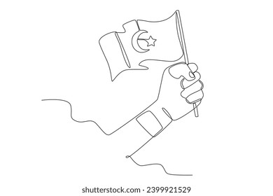 A hand grasps the Pakistani flag. Pakistan Day one-line drawing