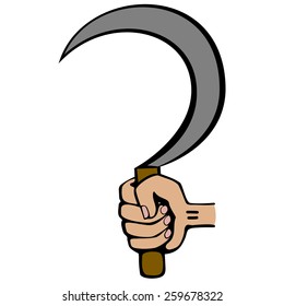 Hand grasps a sickle. Cartoon. Flat.