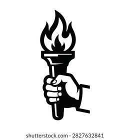 A hand grasps a torch with a burning flame, symbolizing freedom, hope, and guidance in darkness always