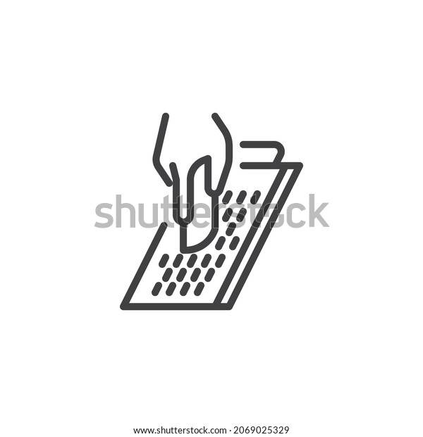 Hand grating cheese line\
icon. linear style sign for mobile concept and web design. Hand\
gtater outline vector icon. Symbol, logo illustration. Vector\
graphics