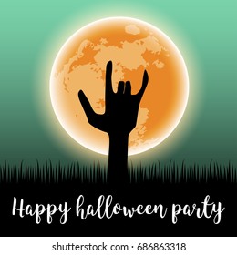 Hand up the grave and full moon background with the word happy halloween concept