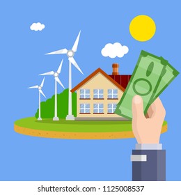 hand with green banknotes offers to buy and sell a modern house. Green ecology-wind power plant. suburb building. urban landscape. Rent the comfort city.
