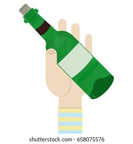 Hand with green bottle of alcohol.Vector isolated illustration