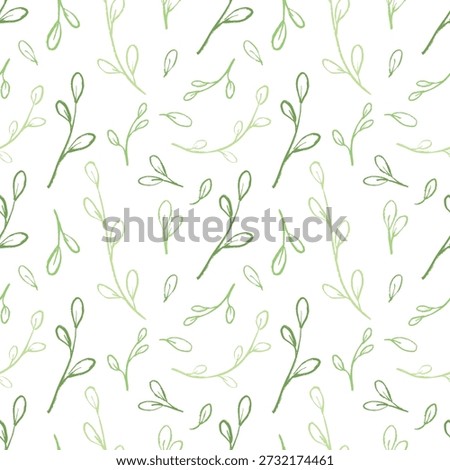 Hand green drawn seamless pattern with branches and leaves on white background. Ideal for minimalist nature themed projects. Vector sketch illustration in vintage doodle crayon charcoal style