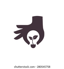 Hand with green ecology bulb , vector icon.