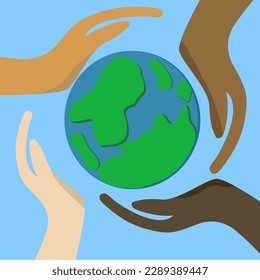 hand with green globe pictogram. world environment day concept.