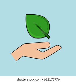 Hand with green leaf. Environment and ecology protection concept. Vector illustration