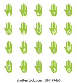 Hand with green leaf logo elements. Charity, ecology, environment, care concept