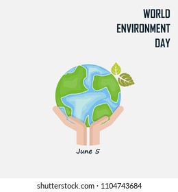 Hand and Green Leaves sign.World Environment day concept vector logo design template.June 5st World Environment day concept.World Environment day Idea Campaign.Vector illustration.