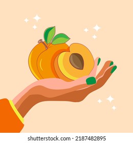 Hand with green nail polish holding peaches with leaves. Peach illustration. Trendy cartoony hand holding peaches. Modern illustration for web and print design.