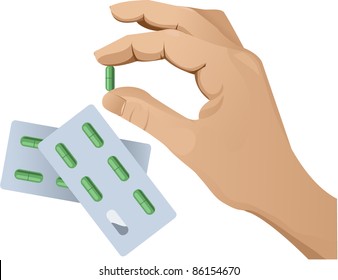 Hand with green pill, isolated on white, vector image